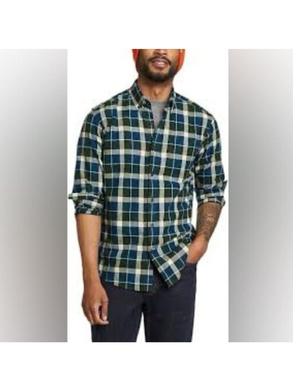 Eddie Bauer Mens' Field Flannel Button-Front Plaid Shirt Large Blue Green